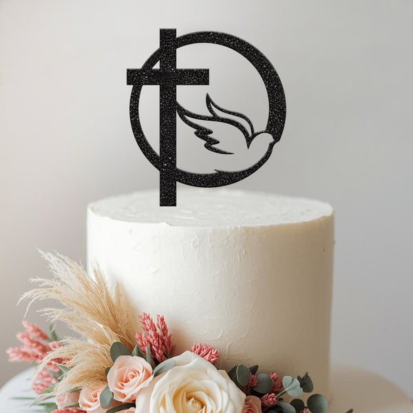 Dove and Cross First Holy Communion Hoop Cake Topper in Black Glitter