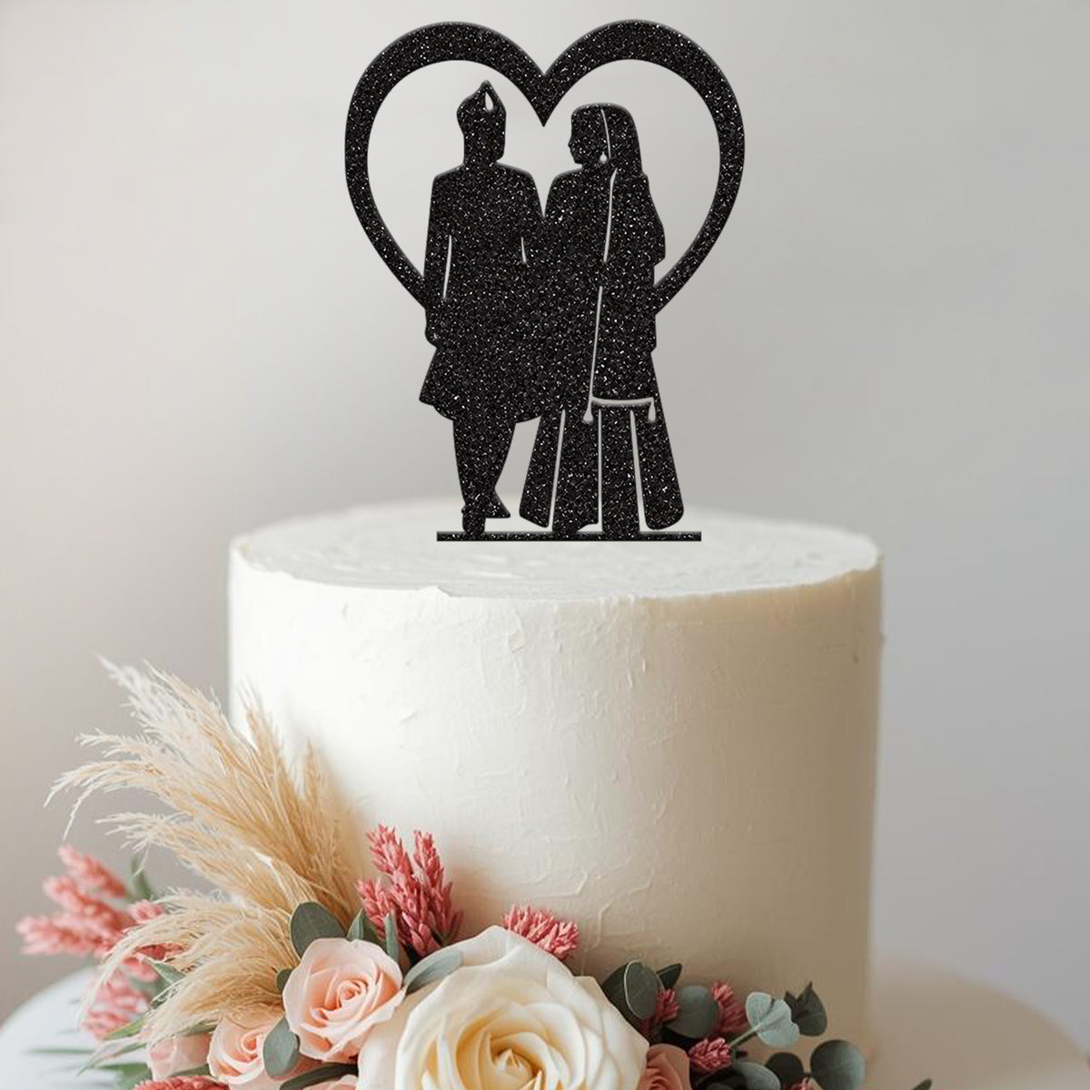 Traditional Wedding Couple Heart Cake Topper in Black Glitter