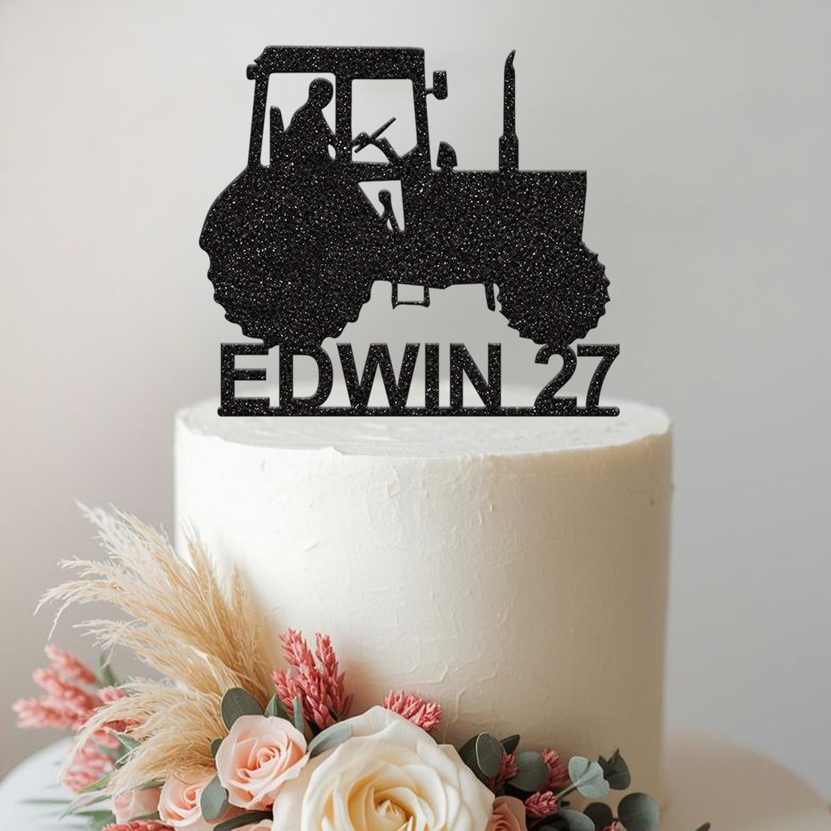 Personalised Tractor and Driver Cake Topper – Name & Age in Black Glitter