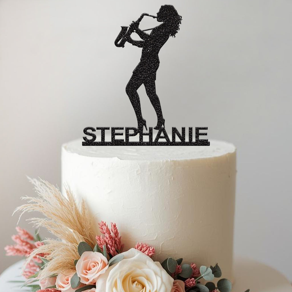 Personalised Female Saxophone Player Cake Topper – Name in Black Glitter