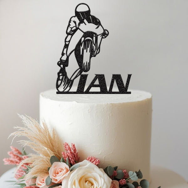 Personalised Wheelie Motorbike Rider Cake Topper – Name in Black Glitter