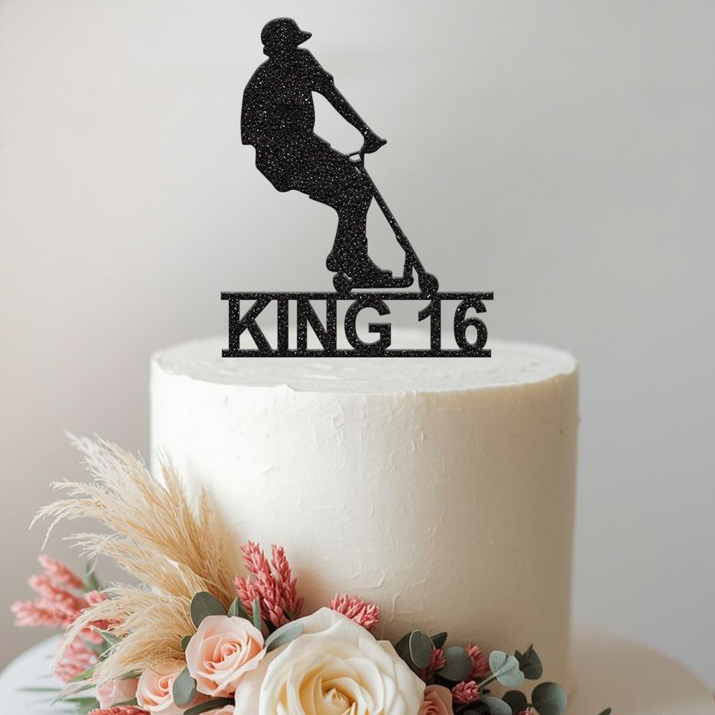 Personalised Leaning Scooter Rider Cake Topper – Name & Age in Black Glitter