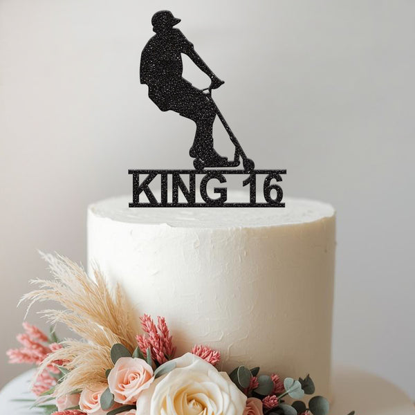 Personalised Leaning Scooter Rider Cake Topper – Name & Age in Black Glitter