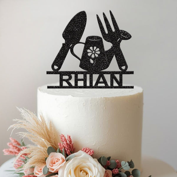 Personalised Gardening Tools and Watering Can Cake Topper – Name in Black Glitter