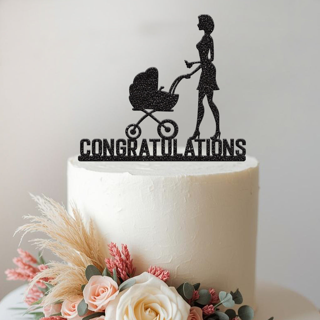 Congratulations Mum & Pram Baby Shower Cake Topper in Black Glitter