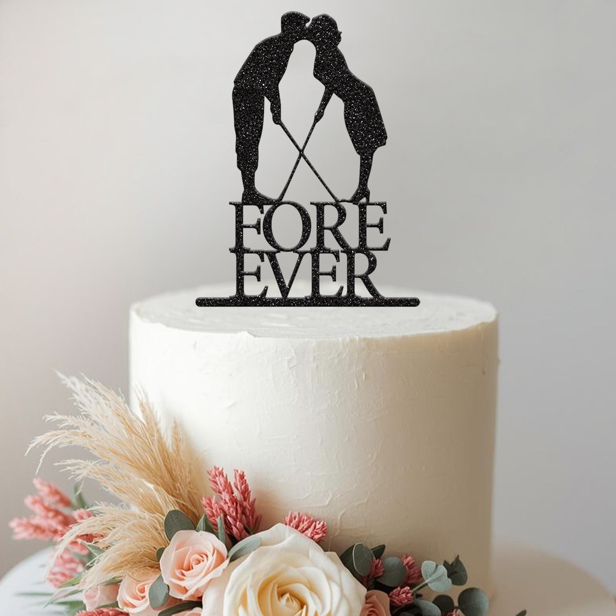 Fore Ever Kissing Golf Couple Wedding Cake Topper in Black Glitter