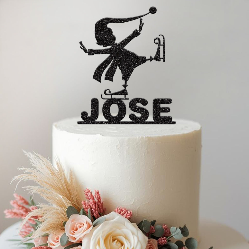 Personalised Ice Skating Elf Cake Topper – Name in Black Glitter