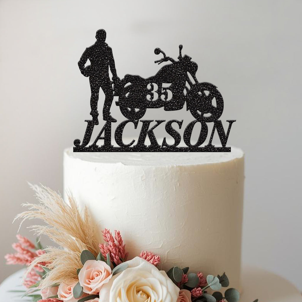 Personalised Motorbike With Rider Name And Age Birthday Cake Topper in Black Glitter