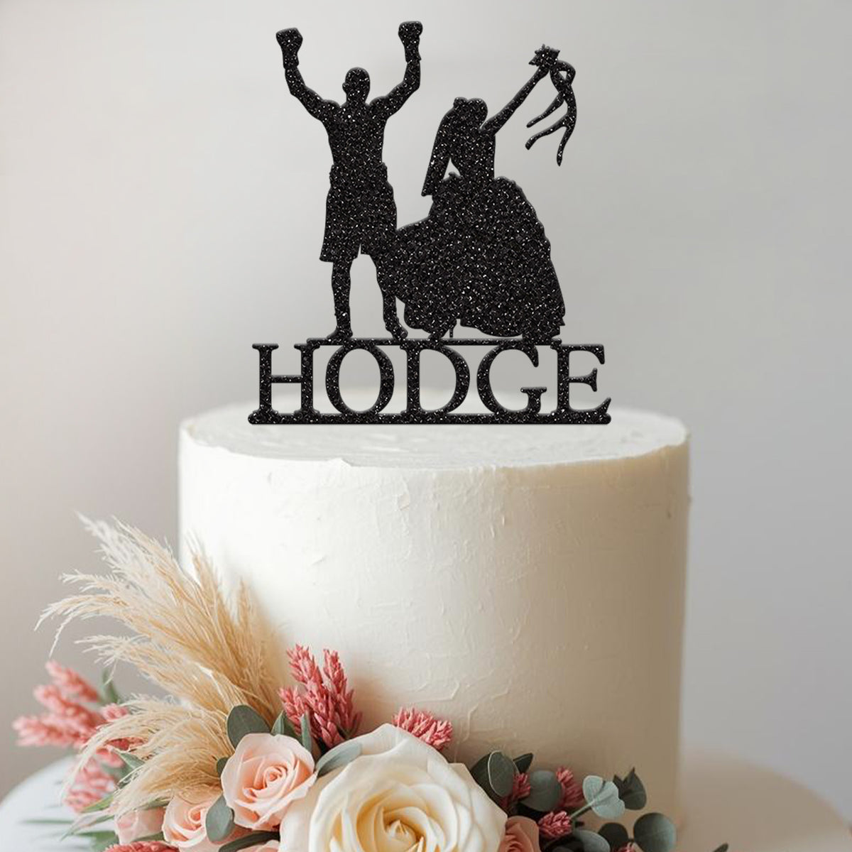 Personalised Boxer and Bride Wedding Cake Topper – Surname in Black Glitter