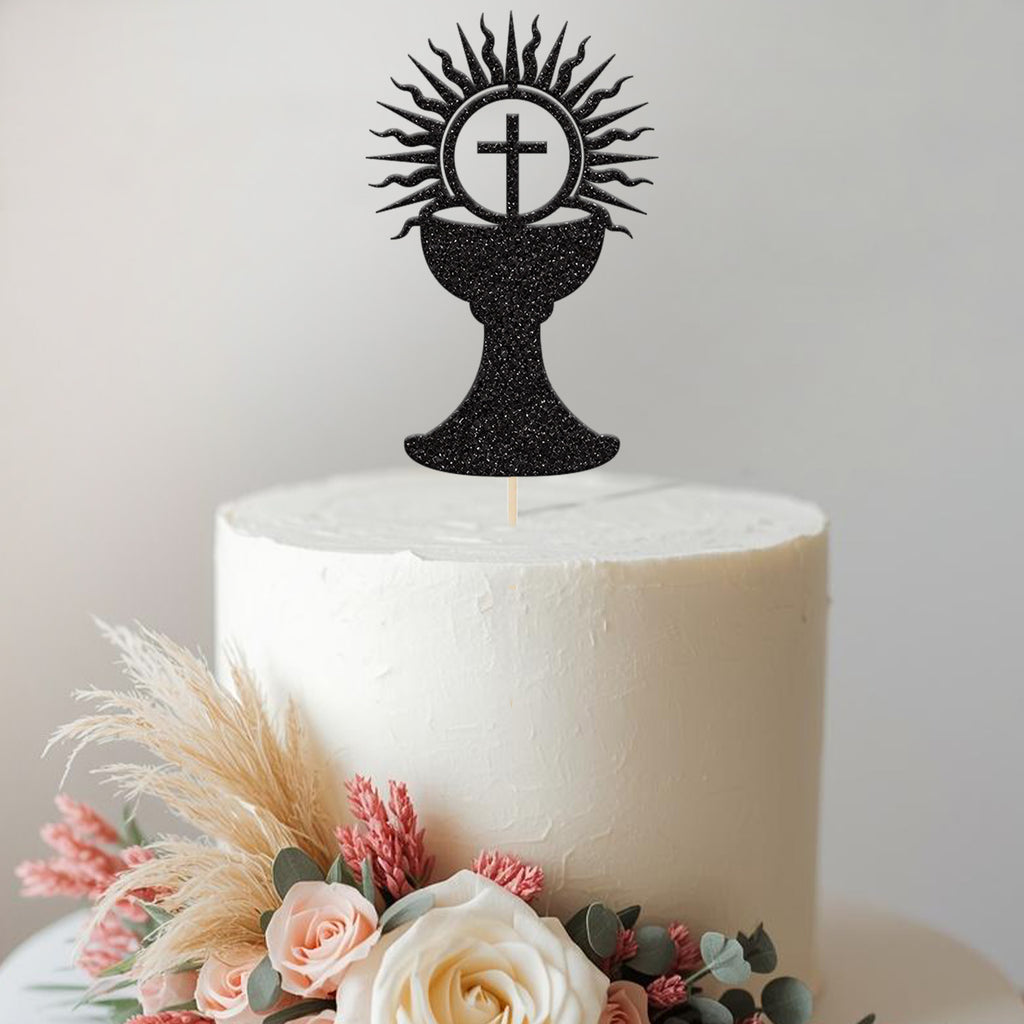 Chalice and Radiant Cross Holy Communion Cake Topper in Black Glitter