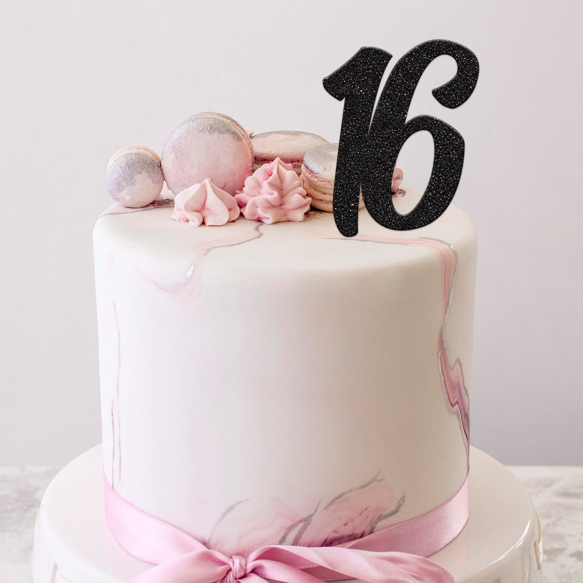Number 16 Script Birthday Cake Topper in Black Glitter