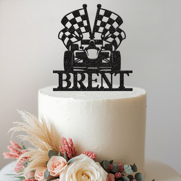 Personalised Chequered Flag Racing Car Cake Topper – Name in Black Glitter