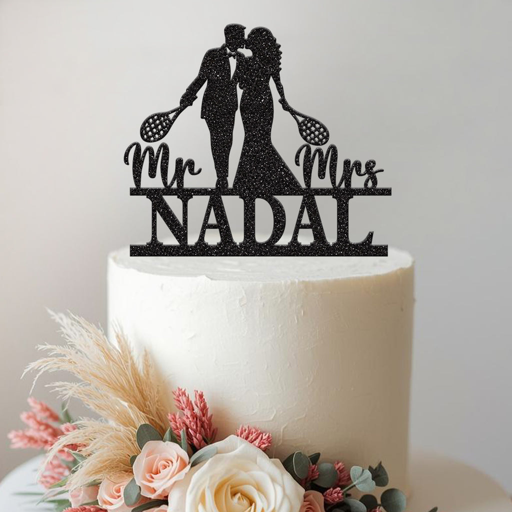 Personalised Tennis Couple Wedding Cake Topper – Surname in Black Glitter