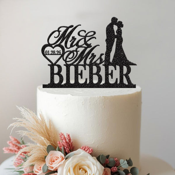 Personalised Wedding Couple Heart Cake Topper – Surname & Date in Black Glitter
