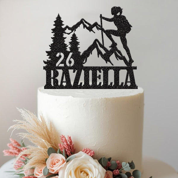 Personalised Female Hiker Mountain Cake Topper – Name & Age in Black Glitter