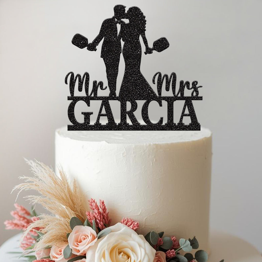Personalised Table Tennis Couple Wedding Cake Topper – Surname in Black Glitter