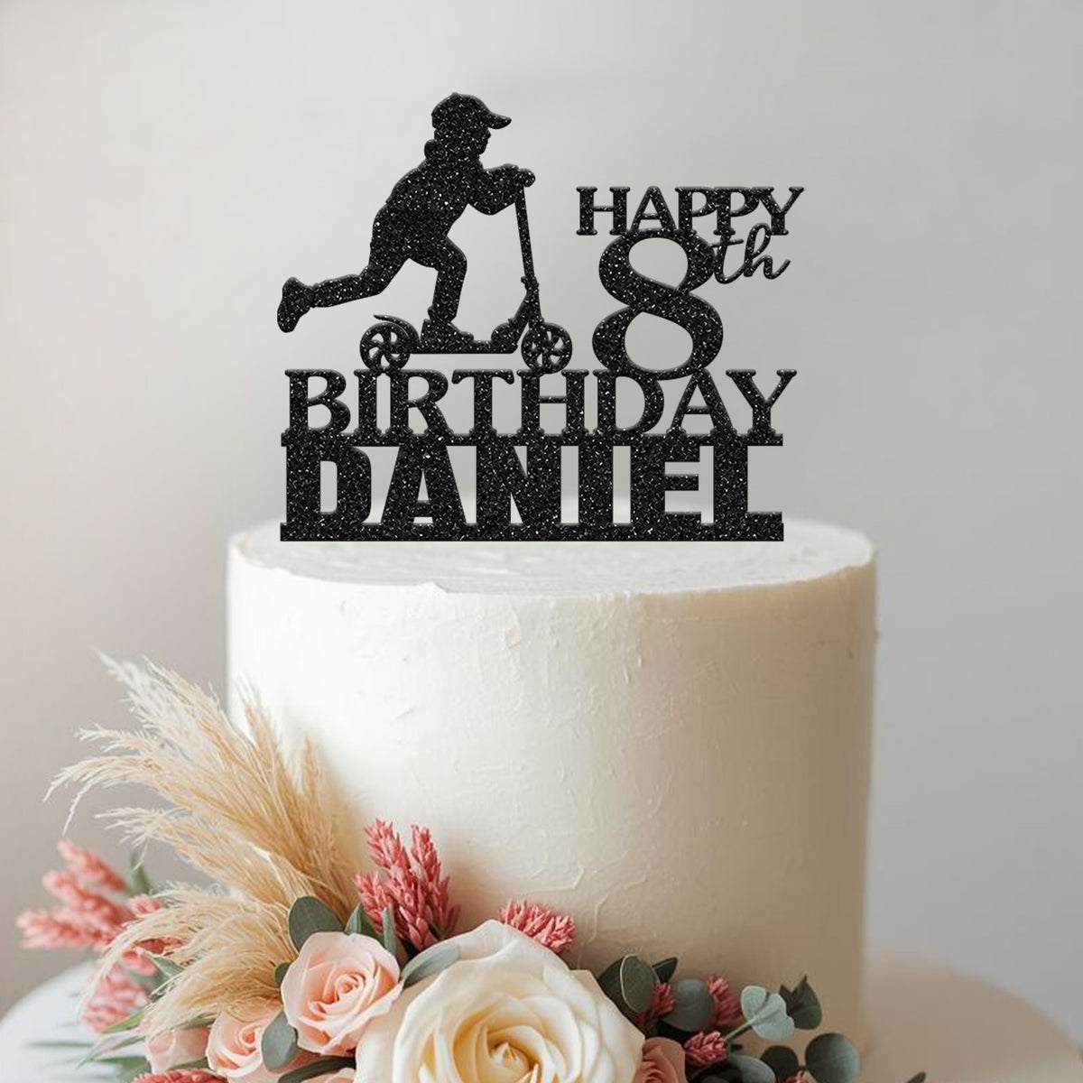 Personalised Kick Scooter Rider Cake Topper – Name & Age in Black Glitter