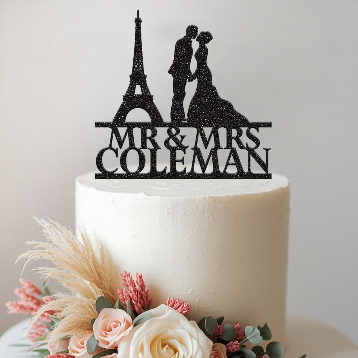 Personalised Eiffel Tower Wedding Couple Cake Topper – Surname in Black Glitter