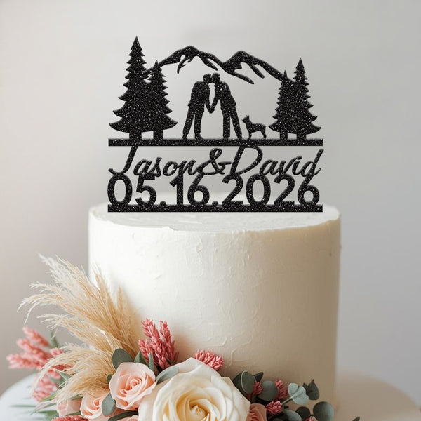 Personalised Mountain Grooms and Dog Wedding Cake Topper – Names & Date in Black Glitter