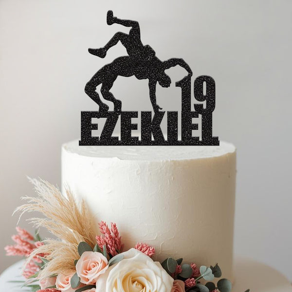 Personalised Wrestling Throw Cake Topper – Name & Age in Black Glitter