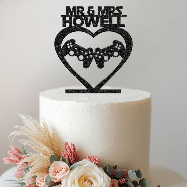 Personalised Gaming Heart Wedding Cake Topper – Surname in Black Glitter
