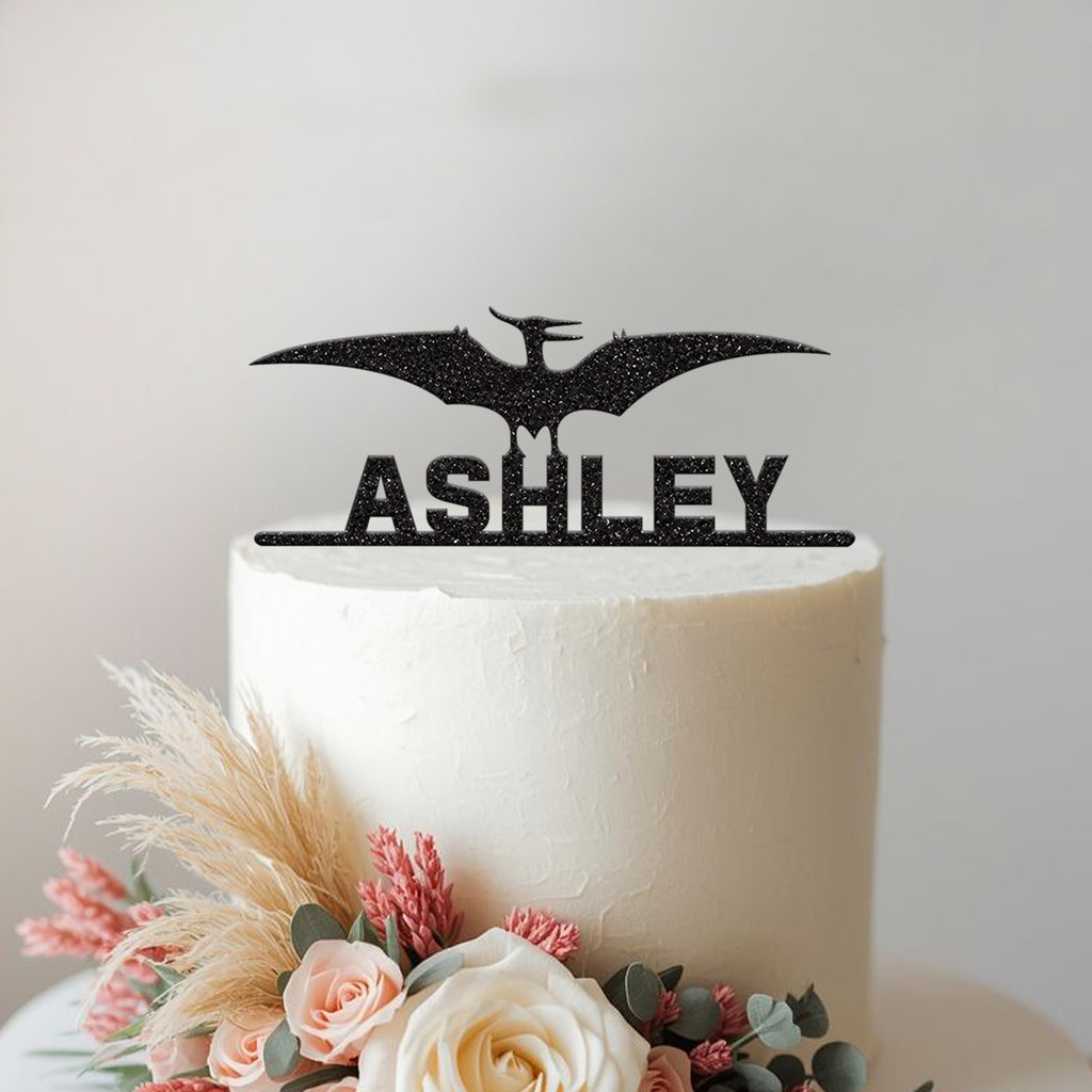 Personalised Pterodactyl Wings Cake Topper – Name in Black Glitter
