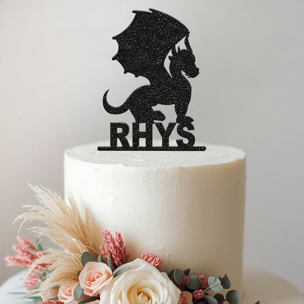Personalised Horned Dragon Cake Topper – Name in Black Glitter