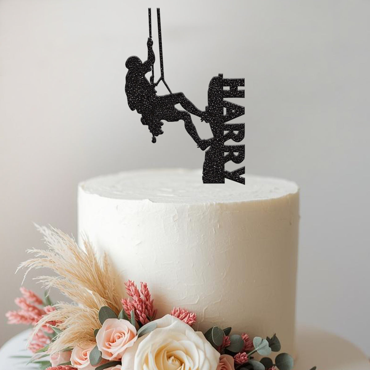 Personalised Rope Climber Vertical Name Cake Topper – Name in Black Glitter