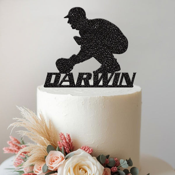 Personalised Cricket Wicket Keeper Cake Topper – Name in Black Glitter