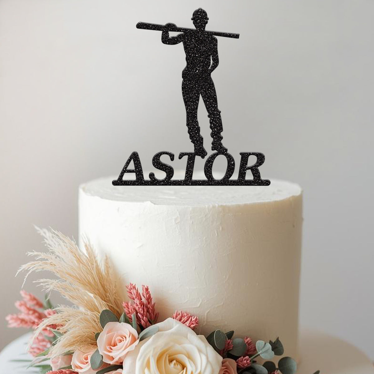 Personalised Builder Carrying Beam Cake Topper – Name in Black Glitter