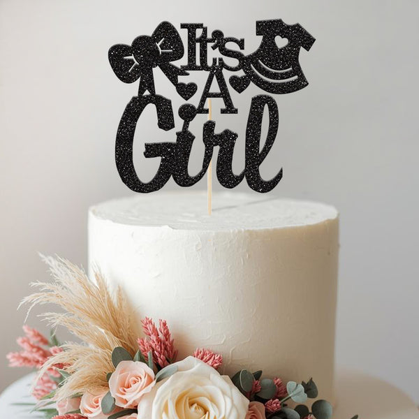It’s a Girl Bow & Dress Baby Shower Cake Topper in Black Glitter
