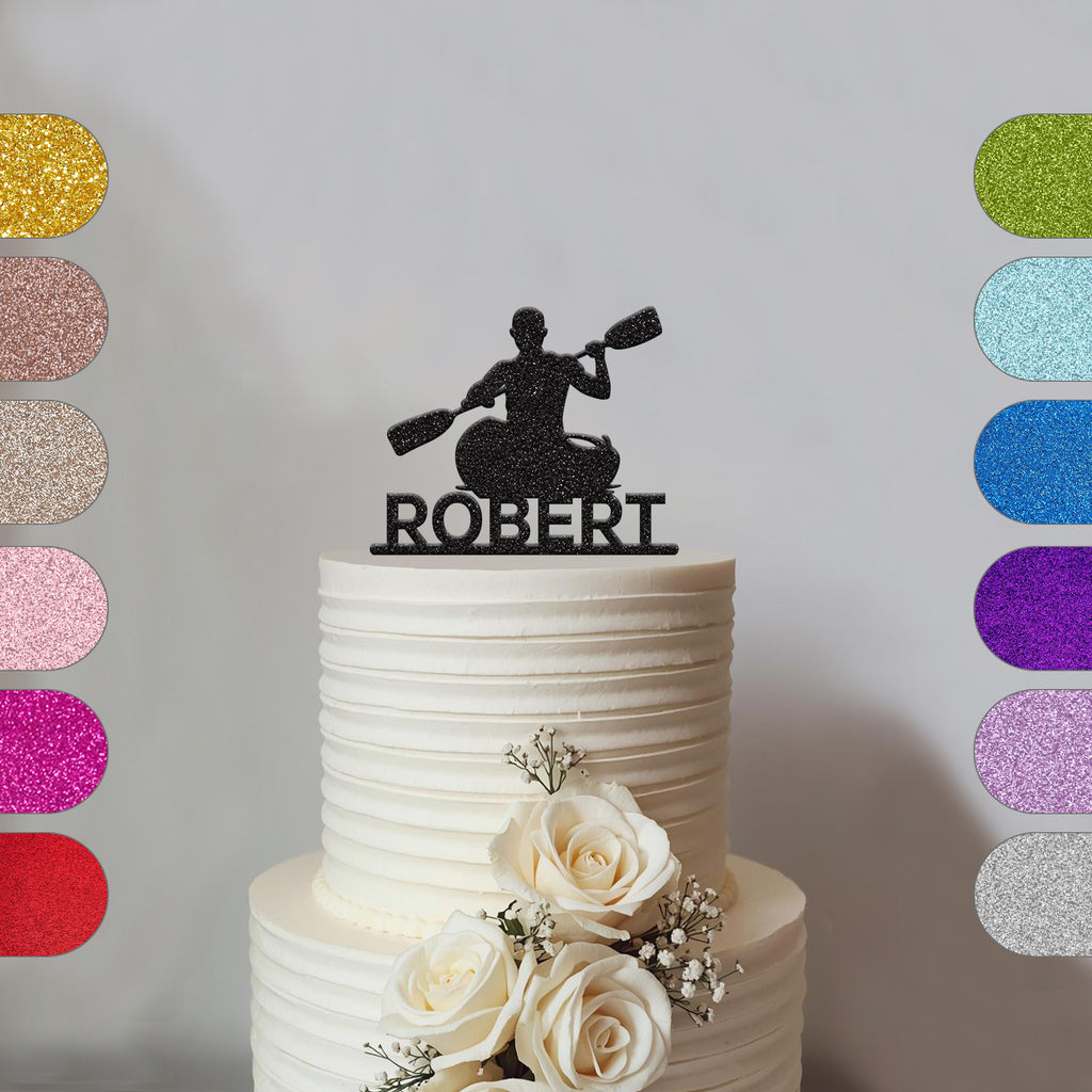 Personalised Kayaker Cake Topper – Name in Black Glitter