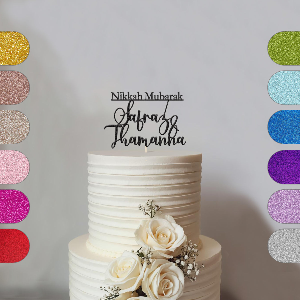 Personalised Nikkah Mubarak Cake Topper – Names in Black Glitter
