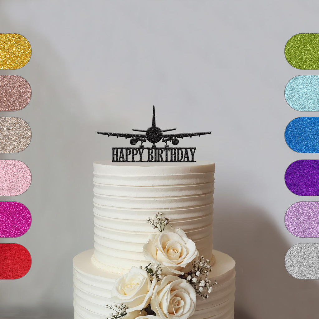 Aeroplane Happy Birthday Cake Topper in Black Glitter