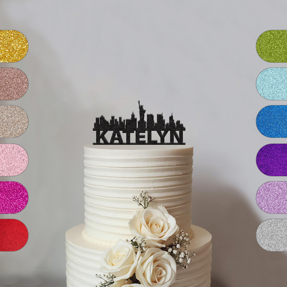 Personalised New York Skyline Cake Topper – Name in Black Glitter