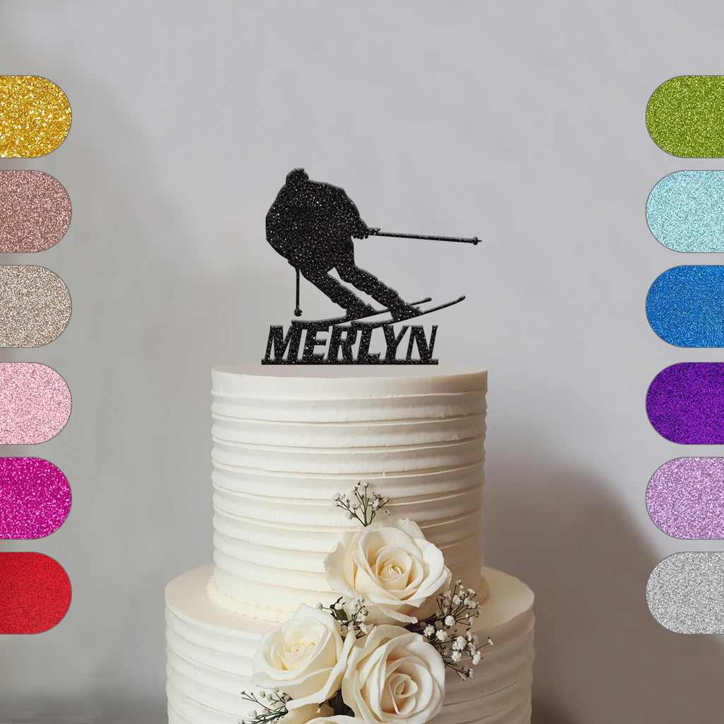Personalised Skier Cake Topper with Name in Black Glitter