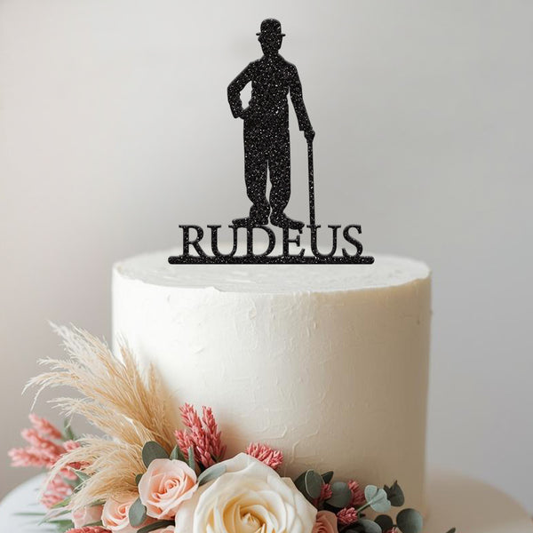 Personalised Charlie Chaplin Cake Topper – Name in Black Glitter