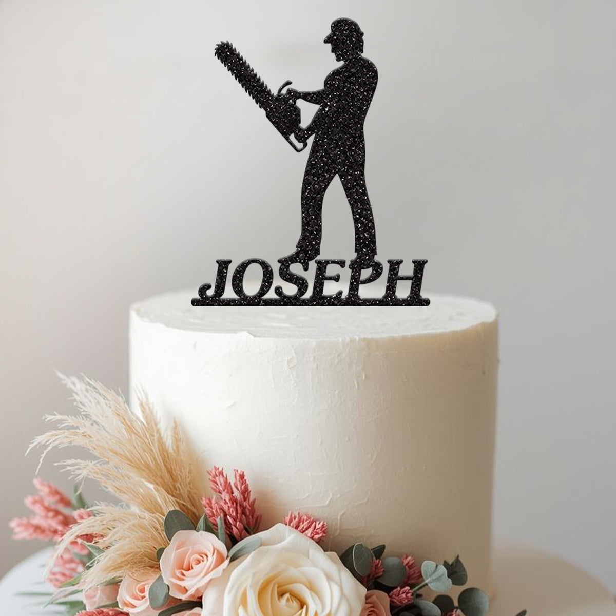 Personalised Chainsaw Operator Cake Topper – Name in Black Glitter