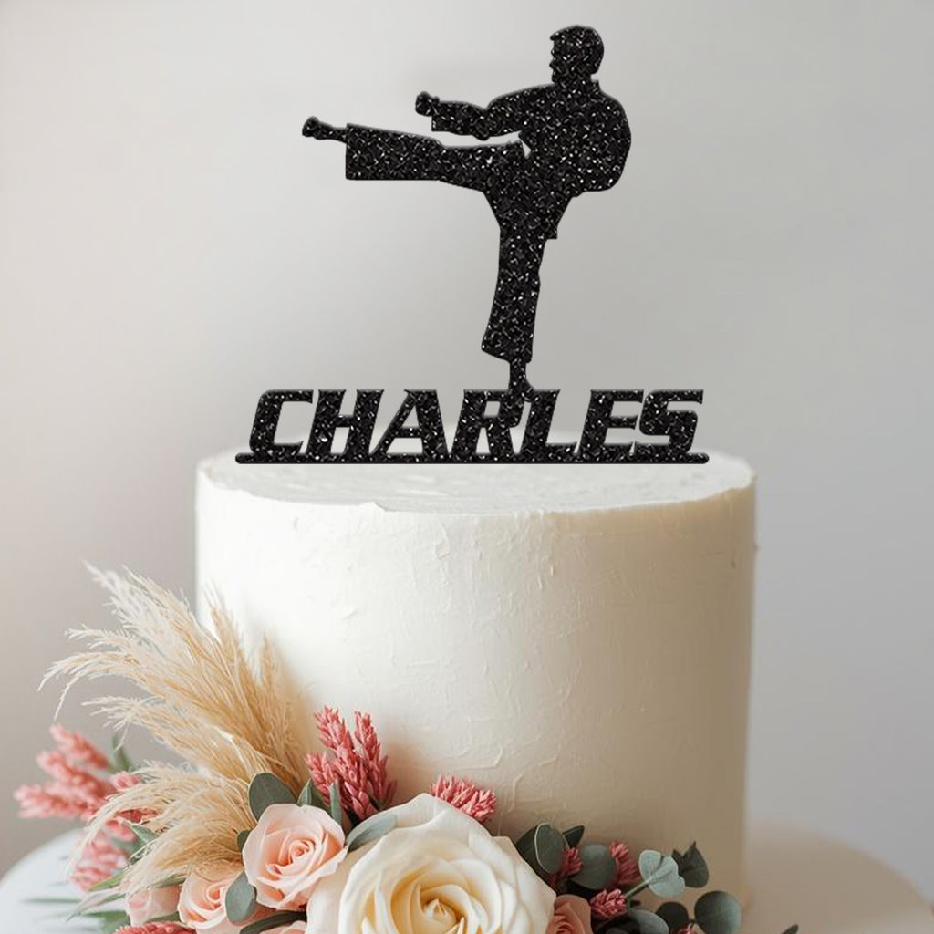 Personalised Karate Front Kick Cake Topper – Name in Black Glitter
