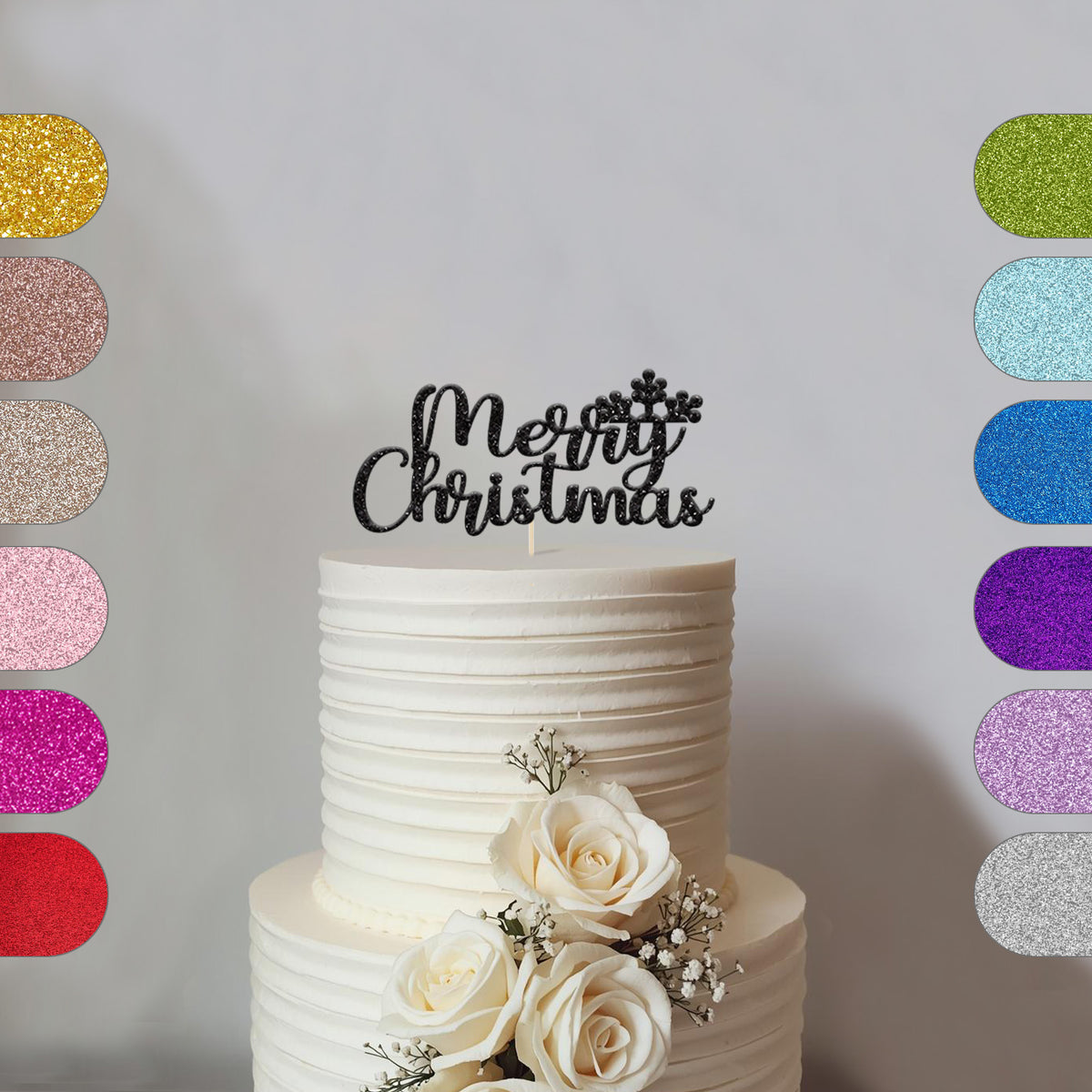 Merry Christmas Floral Script Cake Topper in Black Glitter