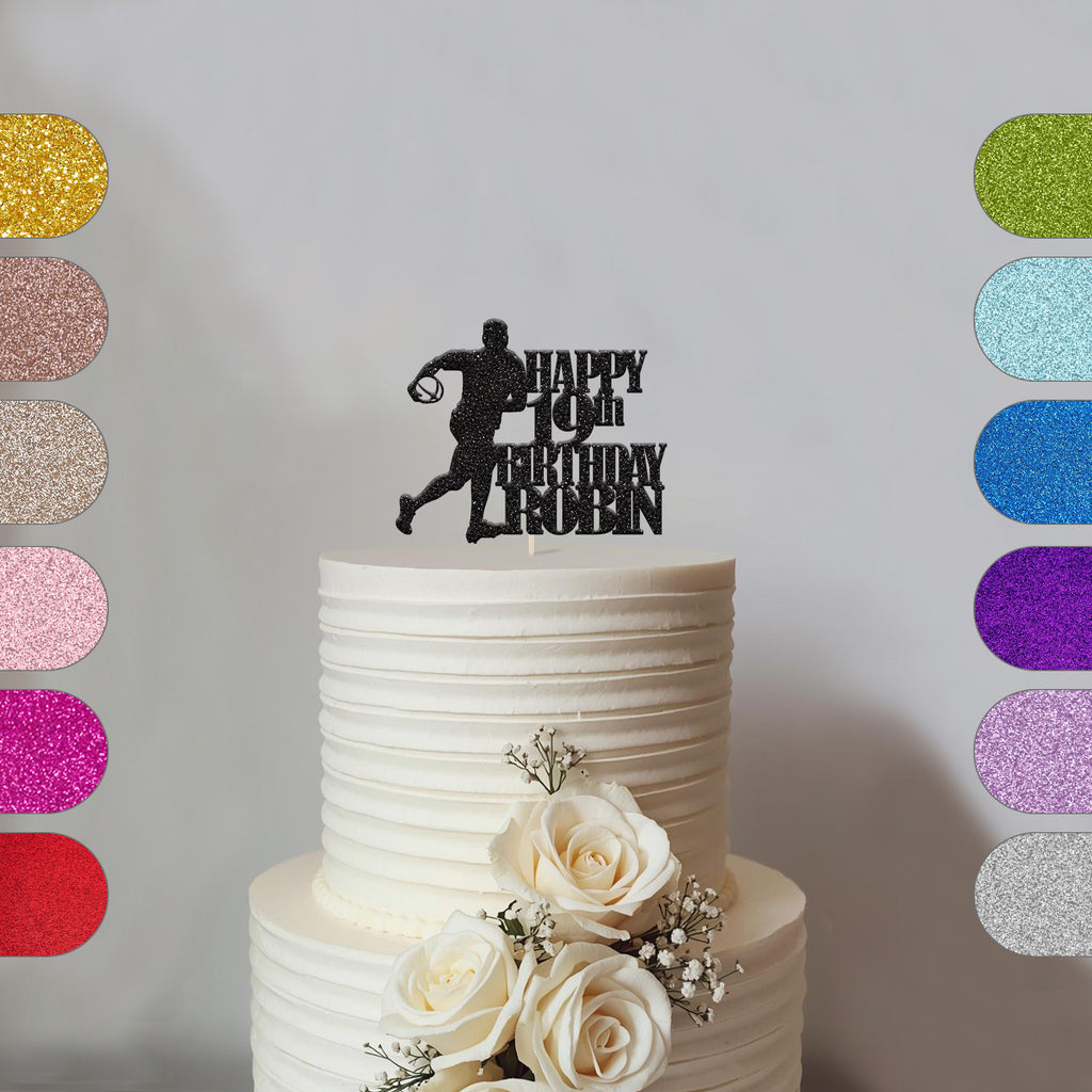 Personalised Rugby Player Birthday Cake Topper Any Age and Name in Black Glitter