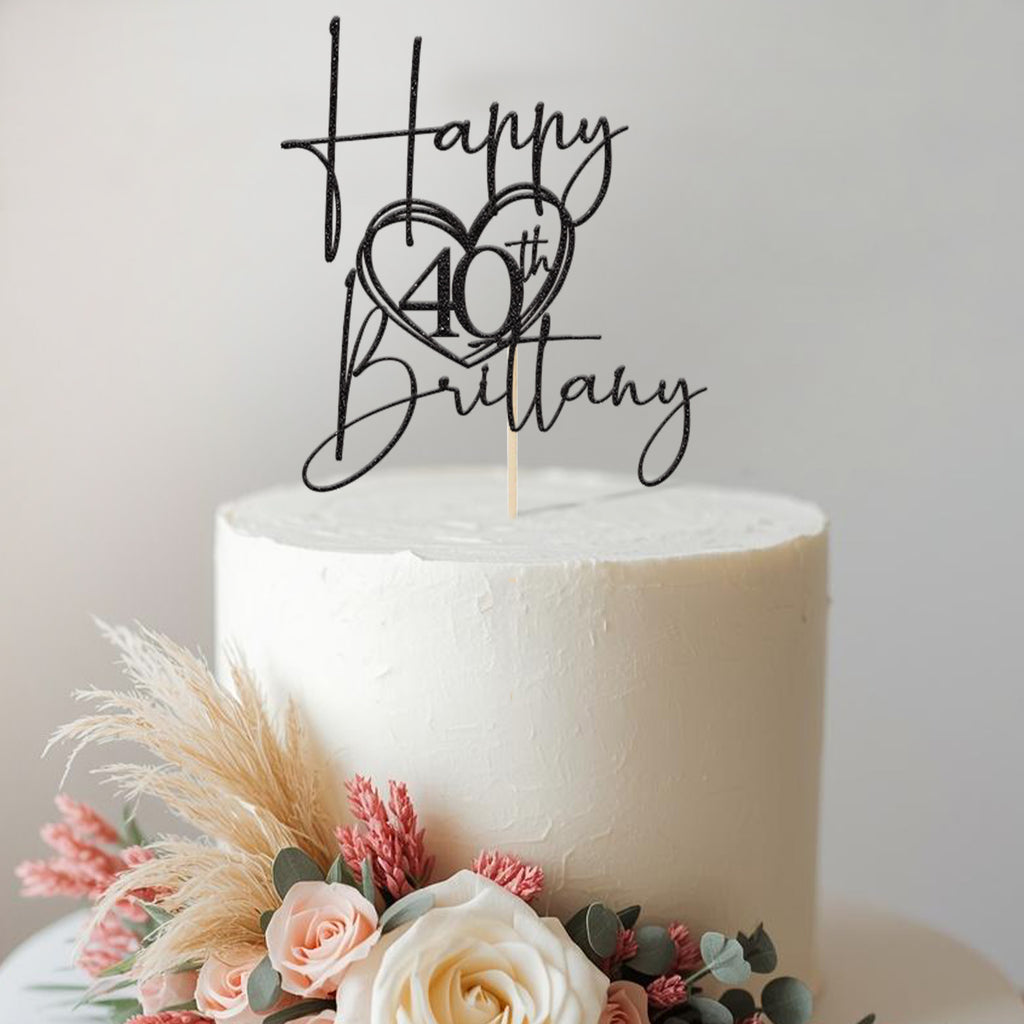 Personalised Heart-Framed Milestone Birthday Cake Topper – Name & Age in Black Glitter