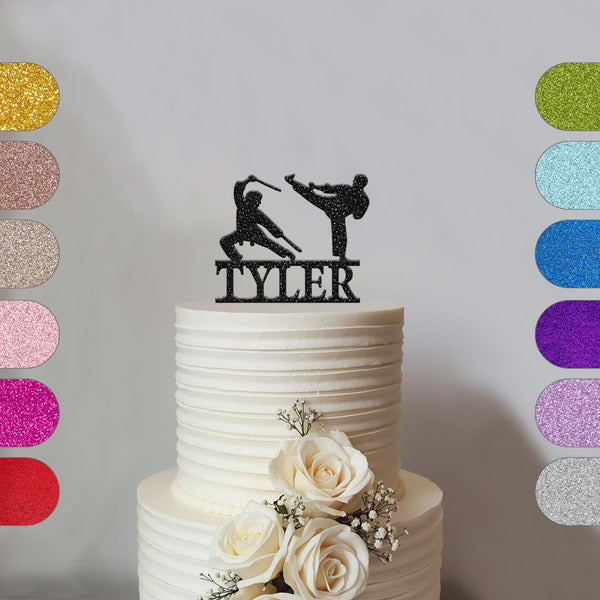 Personalised Martial Arts Cake Topper with Name in Black Glitter