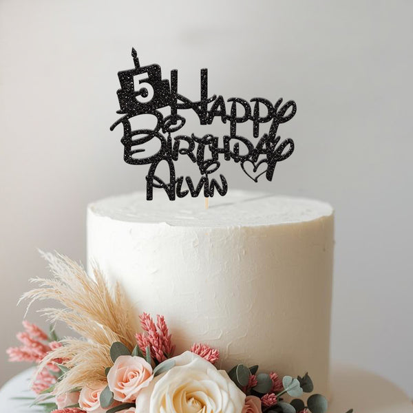 Personalised Cake and Candle Cake Topper – Name & Age in Black Glitter
