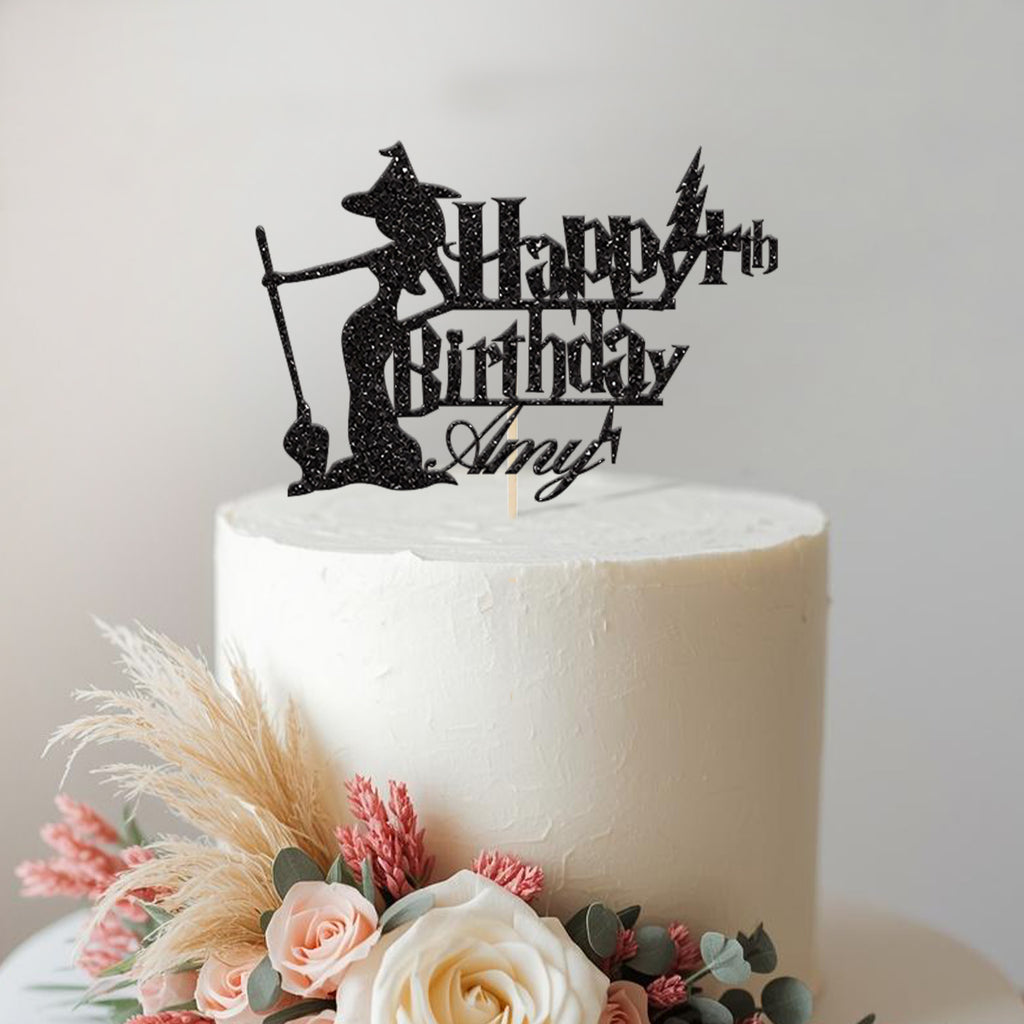 Personalised Standing Witch Cake Topper – Name & Age in Black Glitter