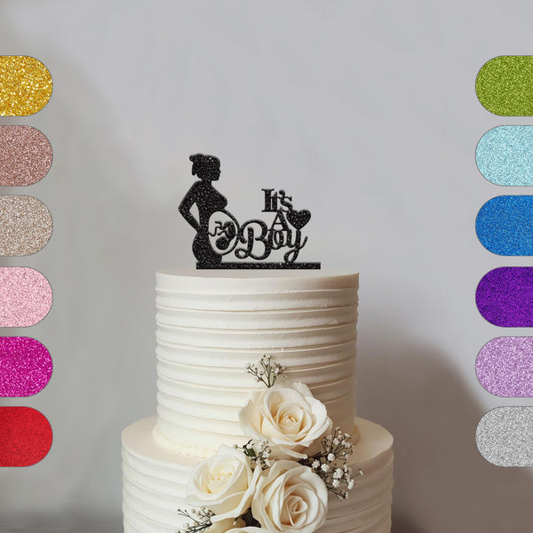 It Is a Boy Expecting Mother Baby Shower Cake Topper in Black Glitter