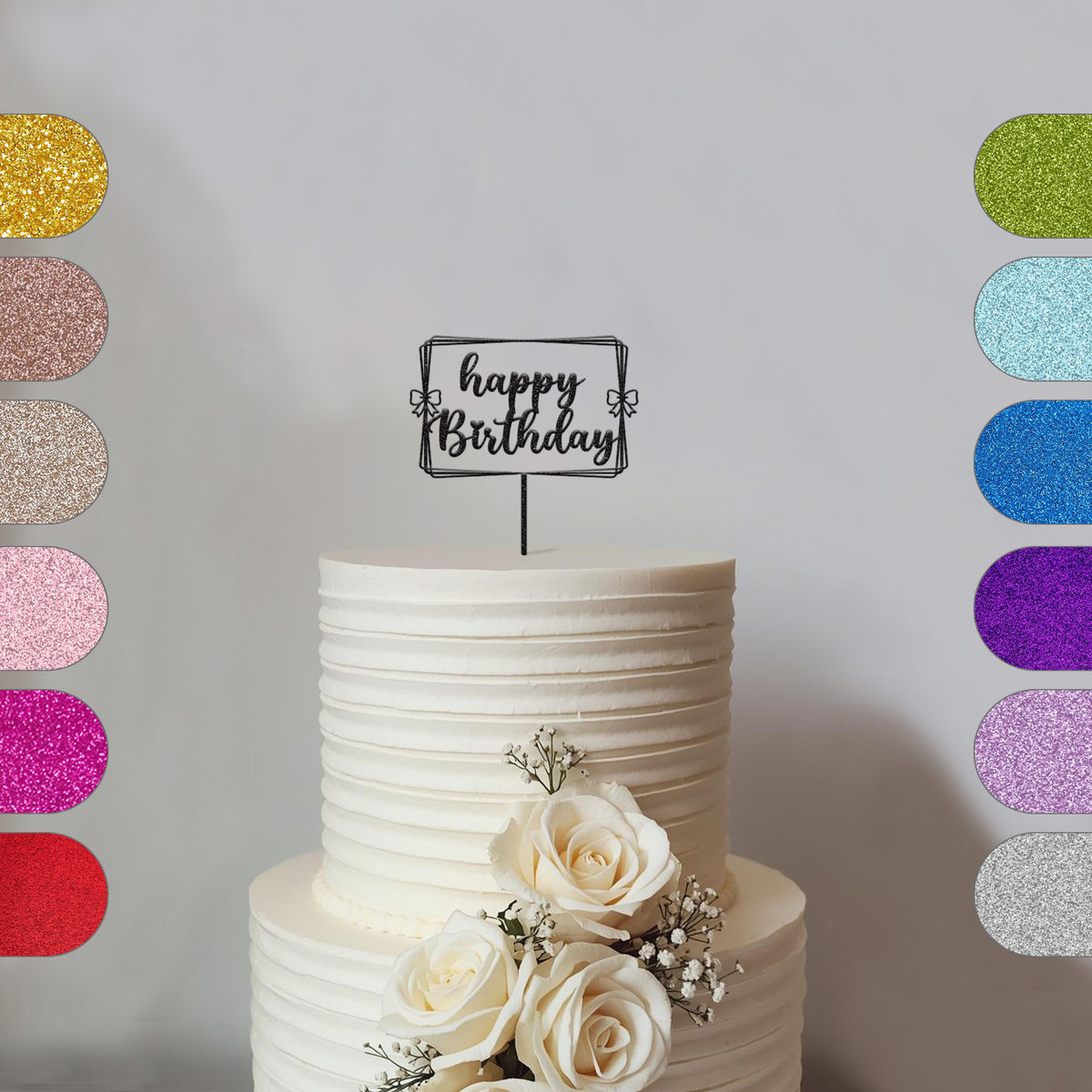 Happy Birthday Ribbon Frame Cake Topper in Black Glitter