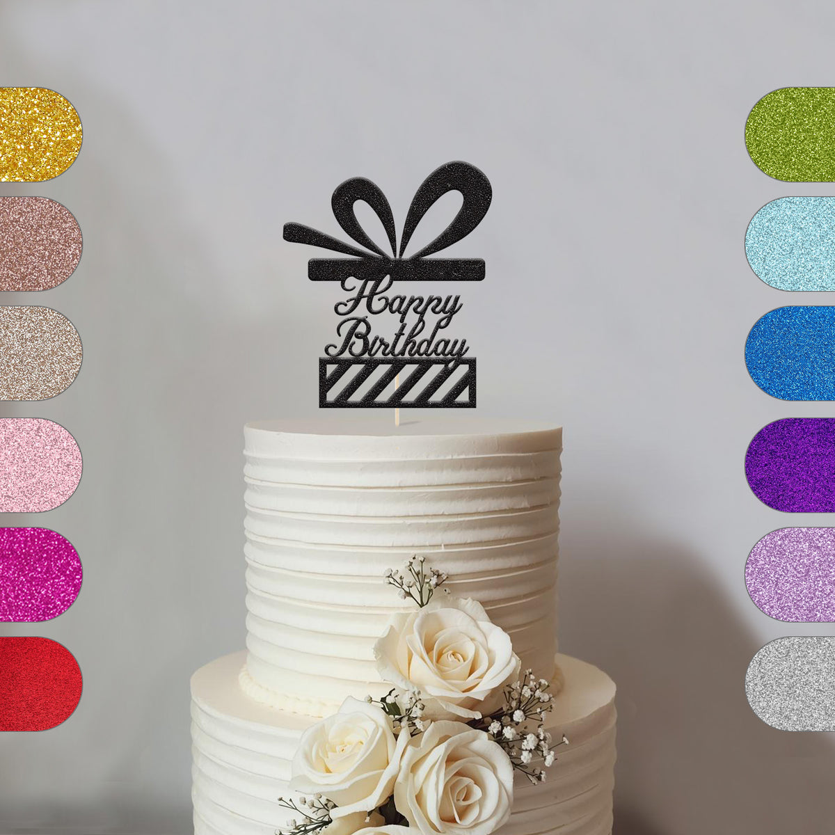 Happy Birthday Present and Bow Cake Topper in Black Glitter