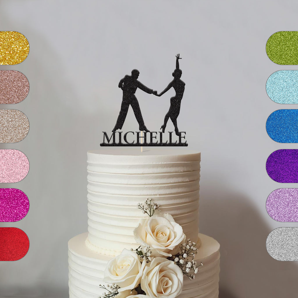 Personalised Dancing Couple Cake Topper with Name in Black Glitter