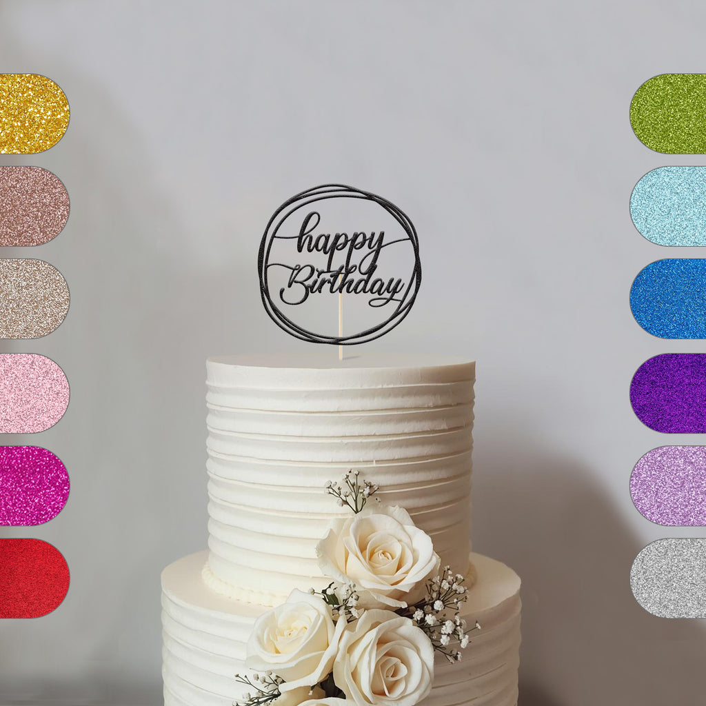 Happy Birthday Calligraphy Circle Cake Topper in Black Glitter